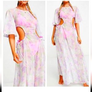 ASOS DESIGN angel sleeve sheer beach maxi dress in floral print